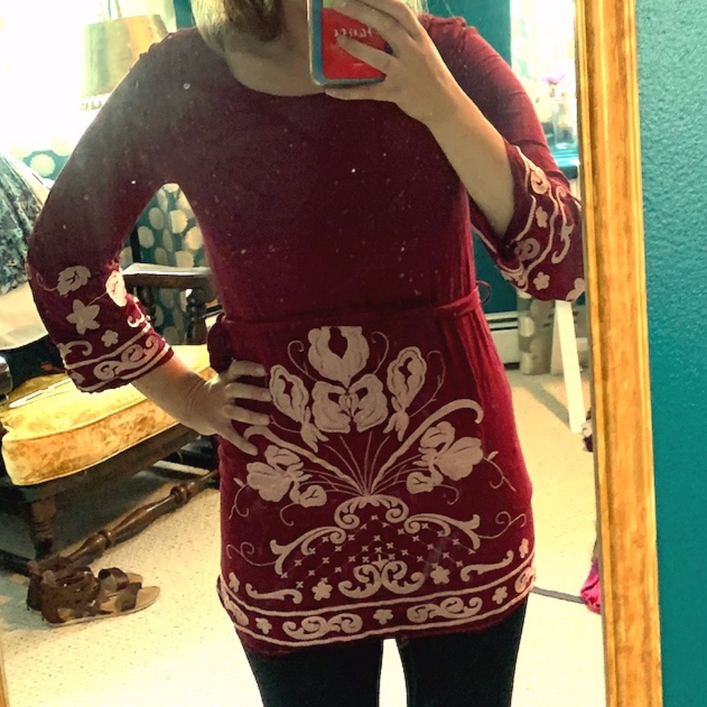 Embroidered maroon tunic dress
